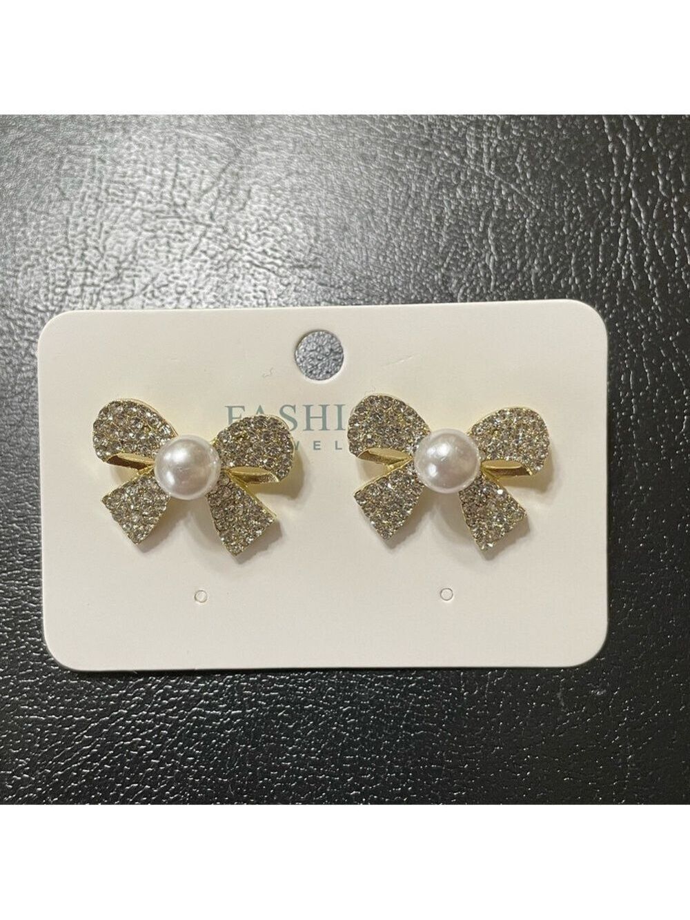 Earrings Bow Gold Tone With Clear Crystals And Faux Pearls New